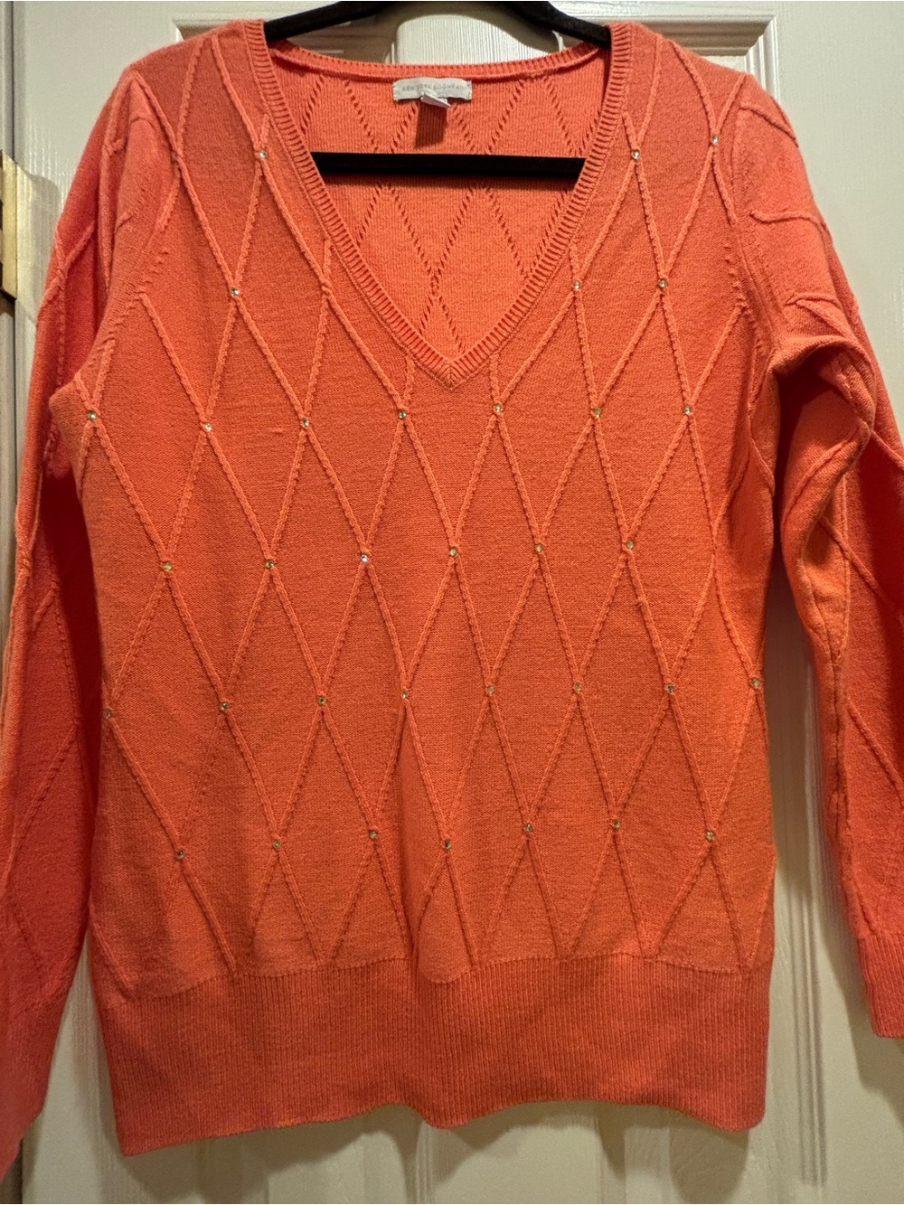 New York & Company Coral V-Neck Sweater with Rhinestone Accents